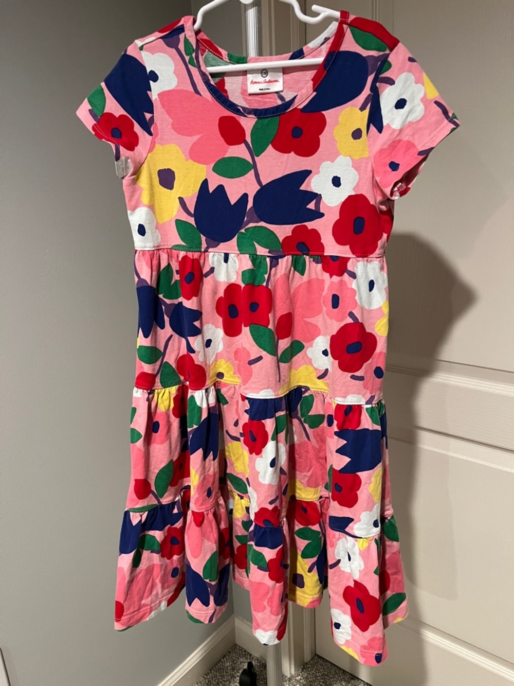 Hanna Andersson Pink Floral Tiered Cotton Dress with Red, Navy & Yellow Blooms